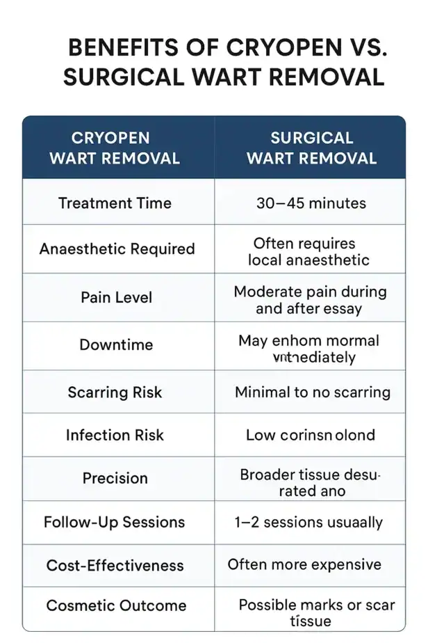 Table showing the benefits of cryopen to remove warts Busby compared to surgical treatment